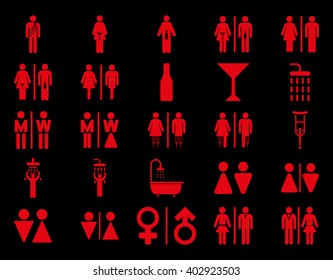 Toilet Persons vector icon set. Style is red flat symbols isolated on a black background.