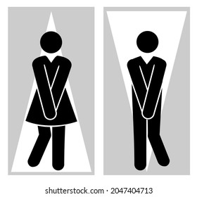 Toilet pictograms for girls and boys. Funny toilet couple signs, desperate pissing women man toilet symbols, funny bathroom door signs, public restroom humor urgent vector silhouettes