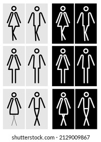 Toilet pictograms for girls and boys. Set. Funny toilet couple signs, desperate pissing women man toilet symbols, funny bathroom door signs, public restroom humor urgent vector silhouettes. 