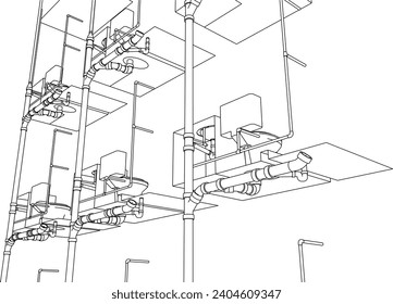 toilet plumbing pipeline design line drawing 3d illustration vector