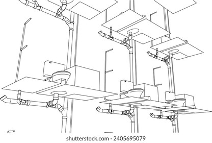 toilet plumbing pipeline design line drawing 3d illustration vector