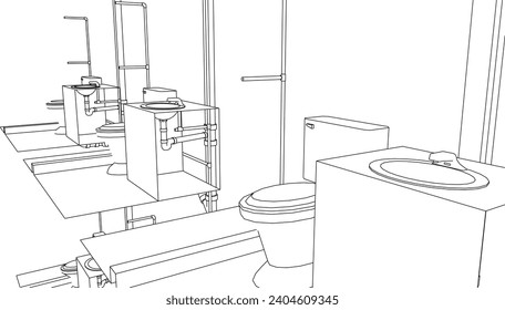 toilet plumbing system line drawing 3d illustration vector