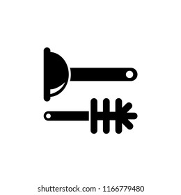 Toilet Plunger with Brush, Bathroom Clean Equipment. Flat Vector Icon illustration. Simple black symbol on white background. Toilet Plunger and Brush sign design template for web and mobile UI element