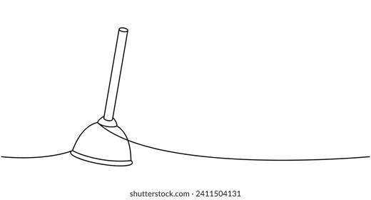 Toilet plunger one line continuous drawing. Cleaning service tools continuous one line illustration. Vector linear illustration.