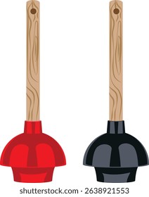 toilet plunger, rubber toilet plunger with wooden handle.
