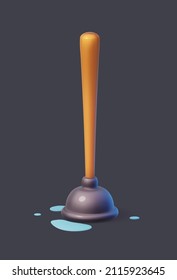 Toilet plunger with water drops. Realistic vector 3d cartoon style.