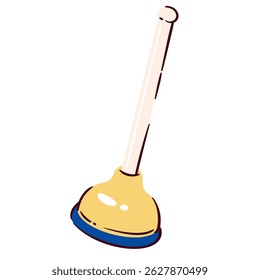Toilet plunger with wooden handle and yellow rubber cup. Vector illustration in cartoon doodle style for bathroom cleaning, hygiene, plumbing, or home maintenance projects.