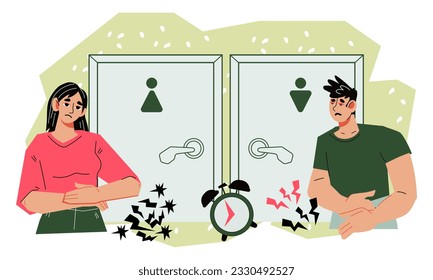 Toilet queue with people flat vector illustration isolated on white background. People wait at the WC toilet door, feel unwell or have a strong urge to empty their bowels or bladder.