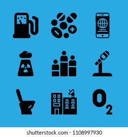 toilet, radiation, building, microphone, smartphone, pills, gas station, rank and oxygen vector icon. Simple icons set