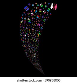 Toilet random fireworks stream. Vector illustration style is flat bright multicolored iconic symbols on a black background. Object fountain combined from scattered design elements.