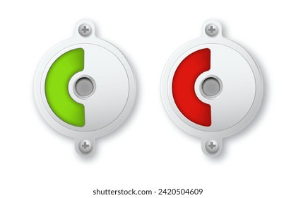 Toilet or restroom locks green and red round metal isolated on white. Occupied and Free. Regular public restroom door mechanism indicating. Vector