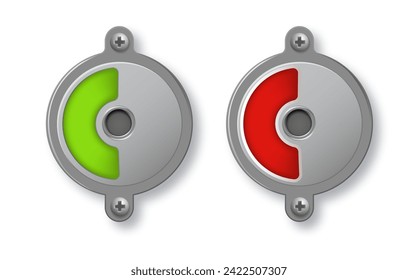 Toilet or restroom locks green and red round metal isolated on white. Occupied and Free. Regular public restroom door mechanism indicating. Vector