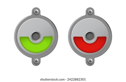 Toilette oder Toilette schließt grünes und rotes rundes Metall einzeln auf Weiß. Besetzt und kostenlos. Regelmäßiger öffentlicher Toilettentürmechanismus mit Anzeige. Vektorgrafik