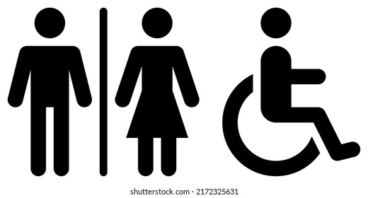 toilet restroom sign for man, woman and disabled people with Glyph black silhouette style