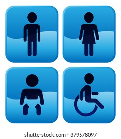 Toilet or restroom signs for, male and female, baby changing room and accessible 