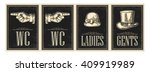 Toilet retro vintage grunge poster. Ladies, Cents, Pointing finger.  Vector  engraved illustration on a black background.  For bars, restaurants, cafes, pubs.