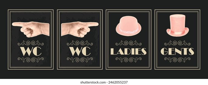 Toilet retro vintage grunge poster. Ladies, Cents, Pointing finger. Vector vintage engraved illustration on a black background. For bars, restaurants, cafes, pubs