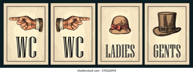 Toilet retro vintage grunge poster. Ladies, Cents, Pointing finger. Vector vintage color engraved illustration on a beige background. For bars, restaurants, cafes, pubs.