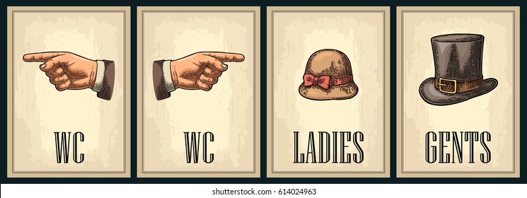 Toilet retro vintage grunge poster. Ladies, Cents, Pointing finger. Vector vintage color engraved illustration on a beige background. For bars, restaurants, cafes, pubs.