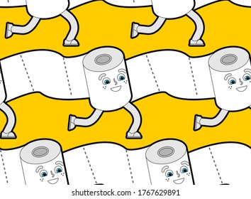 Toilet roll cartoon run pattern seamless. toilet paper background. vector texture 