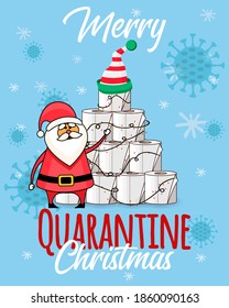 Toilet Roll Pyramid postcard. Merry Quarantine Christmas Card. New normal  Winter Holidays during Coronavirus. Christmas 2020. Christmas Party Covid-19. Flat Vector Illustration