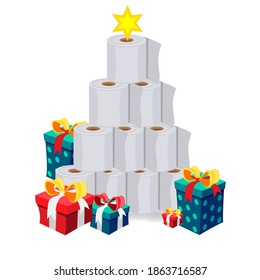 Toilet Roll Pyramid. Winter Holidays during Coronavirus. New normal Christmas and New Year 2021 during Quarantine. Christmas Party Covid-19. Flat Vector Illustration