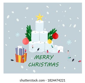 Toilet Roll Pyramid.Celebrating Christmas and New Year during Quarantine.Christmas Party in Covid 19.Winter Holidays during Coronavirus.Gift Boxes.Flat Vector Illustration