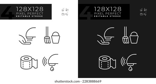 Toilet room equipment pixel perfect linear icons set for dark, light mode. Supplies for hygiene. Restroom service. Thin line symbols for night, day theme. Isolated illustrations. Editable stroke