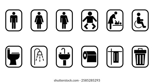 Toilet Room Icon Set. Bathroom, Restroom Pictogram. Toilet and Bathroom Icons Set. Sanitary Symbol. Set of restrooms, toilet icon collection. Toilet for man, female, disabled.