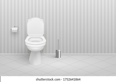 Toilet room interior with water closet, brush, paper roll holder, attached to striped wall realistic vector illustration. Lavatory, cloakroom with clean WC pan. Restroom, washroom. Copy space.