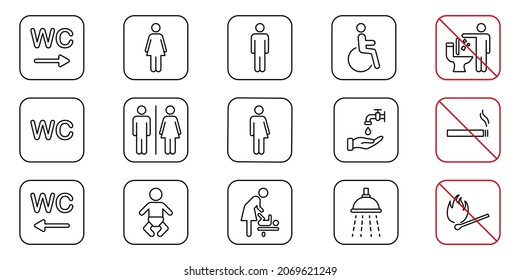 Toilet Room Line Icon. Set of WC Sign. Mother and Baby Room Outline Pictogram. Public Washroom for Disabled, Male, Female, Transgender. No smoking Sign. Editable Stroke. Vector Illustration.