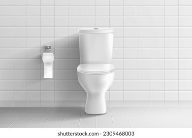 Cuarto de baño. Asiento, pared con baldosas de cerámica, tazón en el baño, cubierta blanca para fontanería, soporte de acero para papel de rollo, interior de lavabo, wc elementos aislados 3d. Ilustración vectorial realista