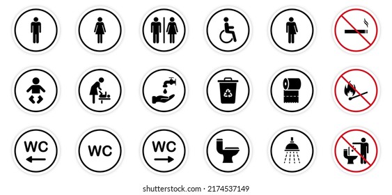 Toilet Room Silhouette Icon. Set of WC Sign. Bathroom, Restroom Pictogram. Public Washroom for Disabled, Male, Female, Transgender. Mother and Baby Room. No smoking Sign. Vector Illustration.