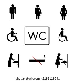 Toilet Room Silhouette Icon. Set Of WC Sign. Bathroom, Restroom Pictogram. Public Washroom For Disabled, Male, Female, Transgender. Mother And Baby Changing Table Room. No Smoking Sign