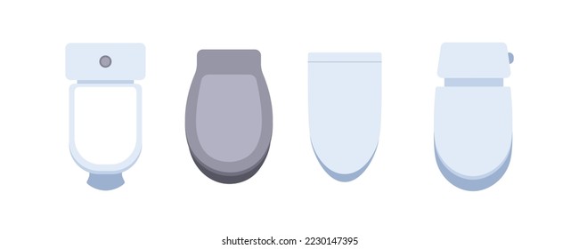 Toilet seats set. Flush bowls designs top above view. Closet furniture overhead. Different types, shapes of latrine, lavatory, loo for WC. Flat vector illustrations isolated on white background