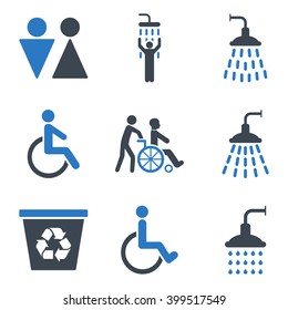 Toilet and Shower vector icon set. Style is bicolor smooth blue flat symbols isolated on a white background.