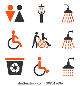 Toilet and Shower vector icon set. Style is bicolor orange and gray flat symbols isolated on a white background.