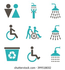 Toilet and Shower vector icon set. Style is bicolor grey and cyan flat symbols isolated on a white background.