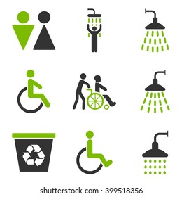 Toilet and Shower vector icon set. Style is bicolor eco green and gray flat symbols isolated on a white background.