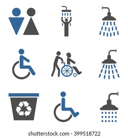 Toilet and Shower vector icon set. Style is bicolor cobalt and gray flat symbols isolated on a white background.