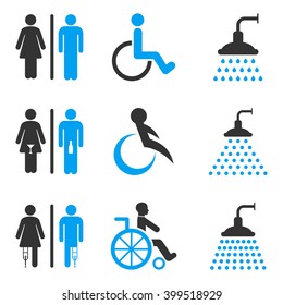 Toilet and Shower vector icon set. Style is bicolor blue and gray flat symbols isolated on a white background.