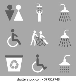 Toilet and Shower vector icon set. Style is bicolor dark gray and white flat symbols isolated on a silver background.