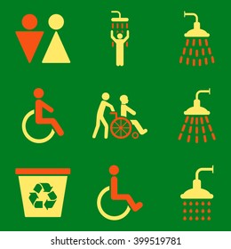 Toilet and Shower vector icon set. Style is bicolor orange and yellow flat symbols isolated on a green background.