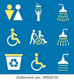 Toilet and Shower vector icon set. Style is bicolor yellow and white flat symbols isolated on a blue background.