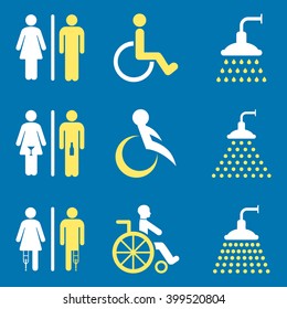 Toilet and Shower vector icon set. Style is bicolor yellow and white flat symbols isolated on a blue background.