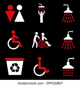 Toilet and Shower vector icon set. Style is bicolor red and white flat symbols isolated on a black background.