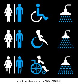 Toilet and Shower vector icon set. Style is bicolor blue and white flat symbols isolated on a black background.