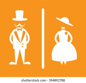 toilet Sign, Fitting room sign flat icon illustration, retro lady and gentleman symbol, orange background