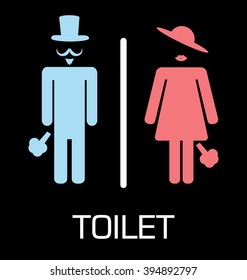 toilet Sign, Fitting room sign flat icon illustration, retro lady and gentleman symbol, black background. fart