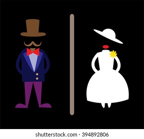 toilet Sign, Fitting room sign flat icon illustration, retro lady and gentleman symbol, black background